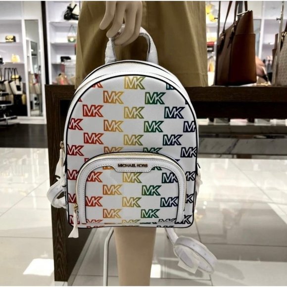 Michael Kors Backpack Jaycee Medium MK Signature Rainbow Optic White NWT - Picture 5 of 12